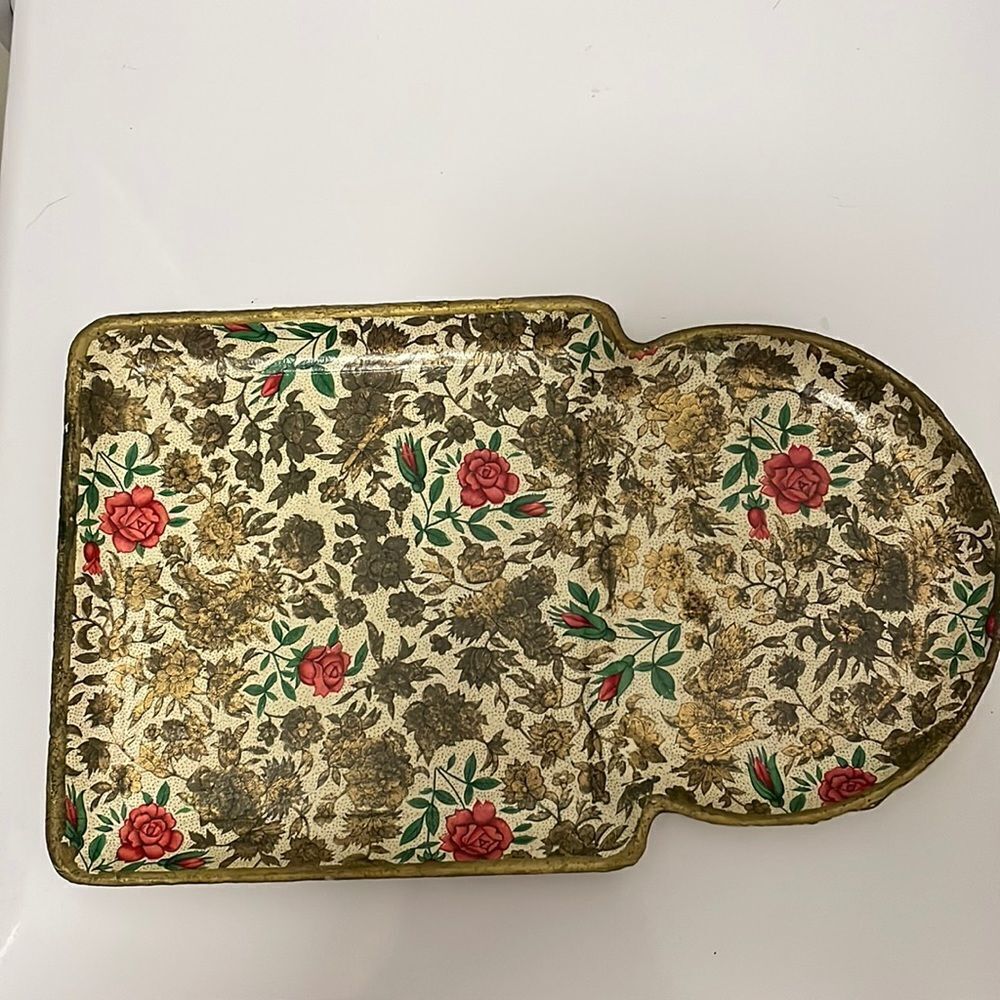 Vtg gold & pink floral design paper mache snack set or tray